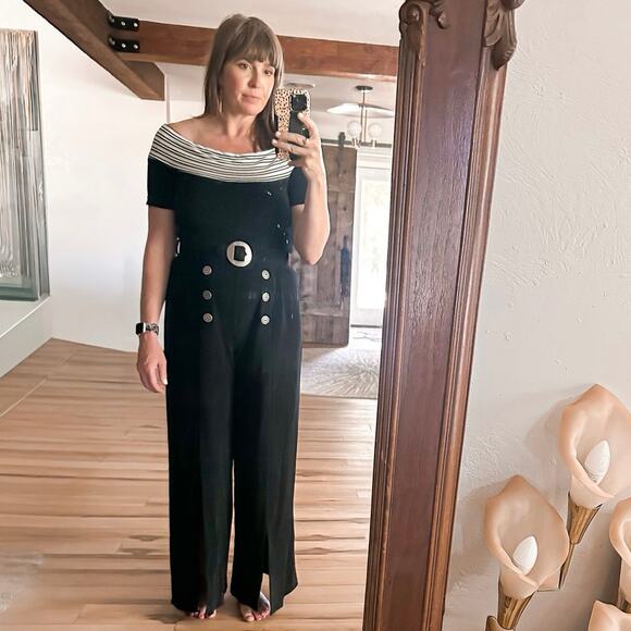 Vintage 90s Cache black slinky sailor nautical jumpsuit size 10 wide‎ slit leg - Picture 16 of 16